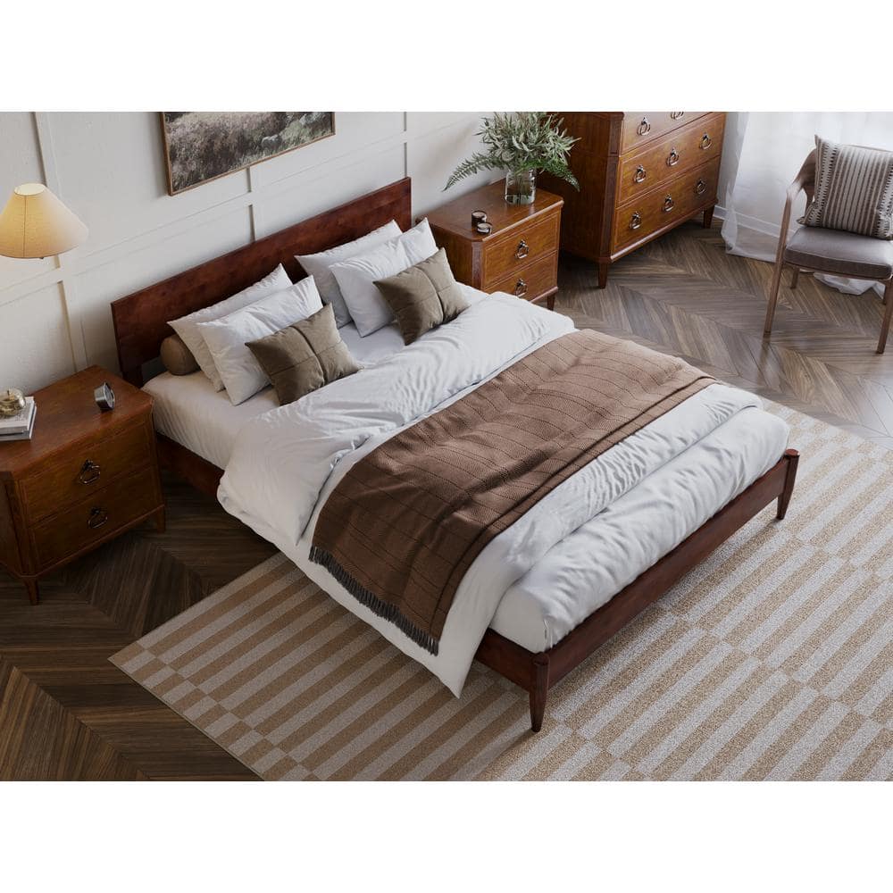 Aria Queen Walnut Wood Low Profile Platform Bed with Headboard