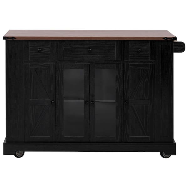 Ziyudura Farmhouse Black Wood Top 53 in. Kitchen Island Cart with Drop Leaf, Power Outlet, 2-Tempered Glass