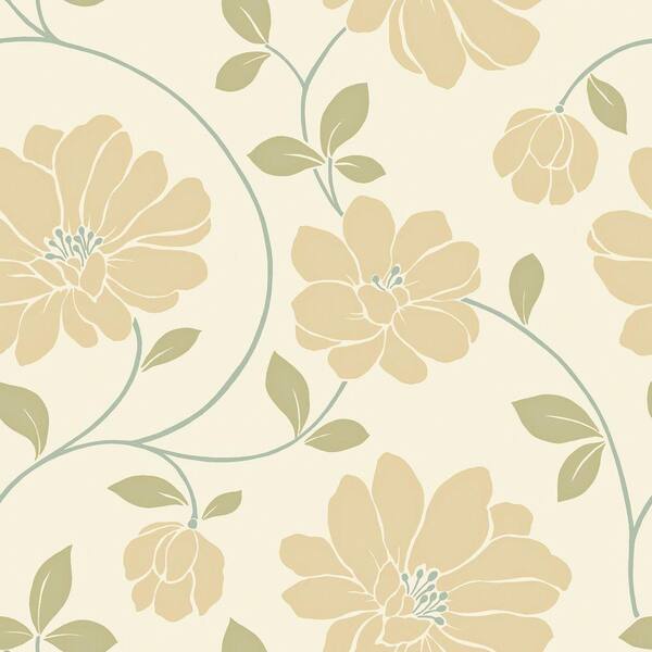 The Wallpaper Company 56 sq. ft. Ochre, Cream and Sage Large Scale Modern Floral Trail Wallpaper