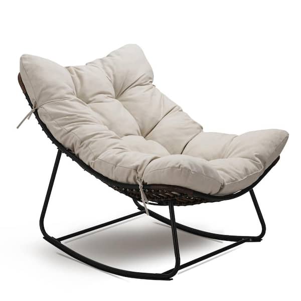 Tenleaf Rattan Rope 36 in. W Metal Outdoor Rocking Chair with Light Gray Olefin Cushion