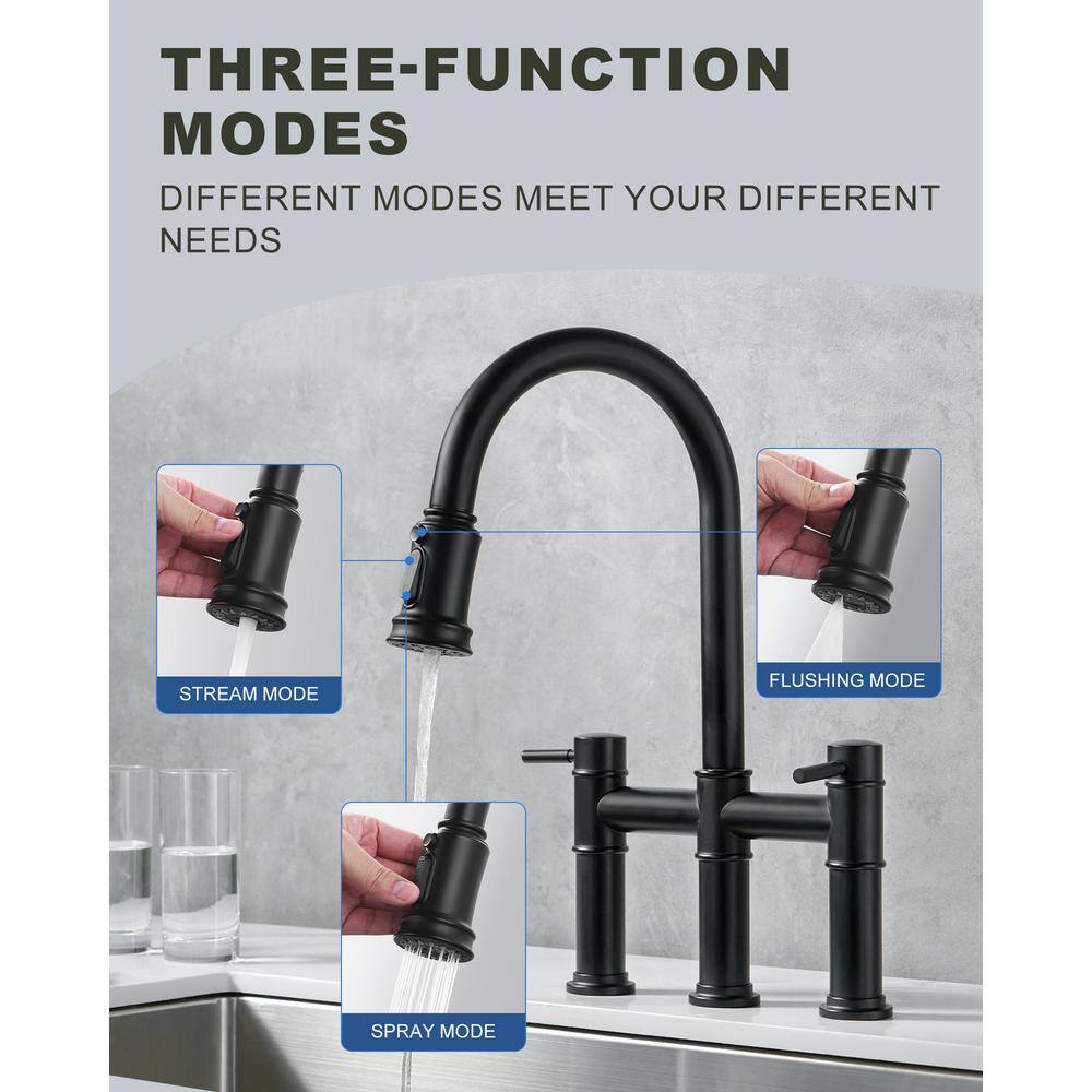 Matte Black Double Handle Bridge Kitchen Faucet with Pull-Out Spray