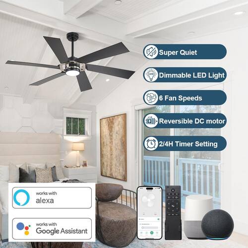 60 in. Smart Indoor Black and Nickel Standard Ceiling Fan with Integrated LED Light Ceiling Fans With Lights