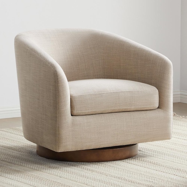 Spruce & Spring Nereus Tan Fabric Swivel Accent Chair with Arms and Wood Base