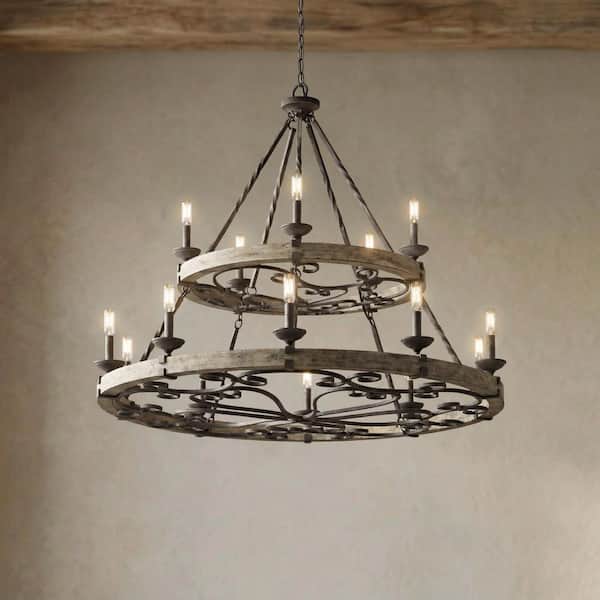Taulbee 44 in. 15-Light Weathered Zinc 2-Tier Farmhouse Wagon Wheel Circle Chandelier for Dining Room