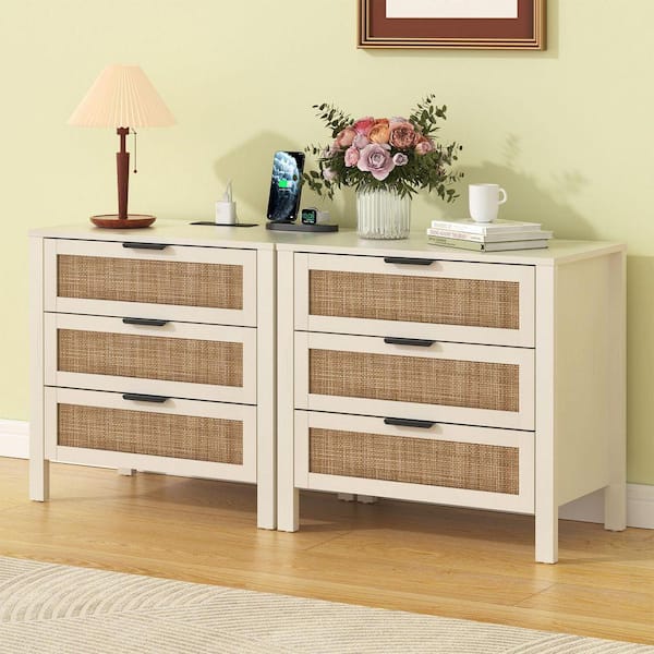 Hommpa Boho White 3-Drawer 25 in. W Nightstand with Built-in Outlets Hommpa Boho White 3-Drawer 25 in. W Nightstand with Built-in Outlets