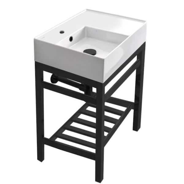 Nameeks Teorema 2 Ceramic White Console Sink and Leg Combo in Matte Black