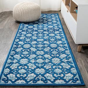 Gallia Tile Trellis High-Low Light Gray/Blue 2 ft. x 8 ft. Indoor/Outdoor Runner Rug