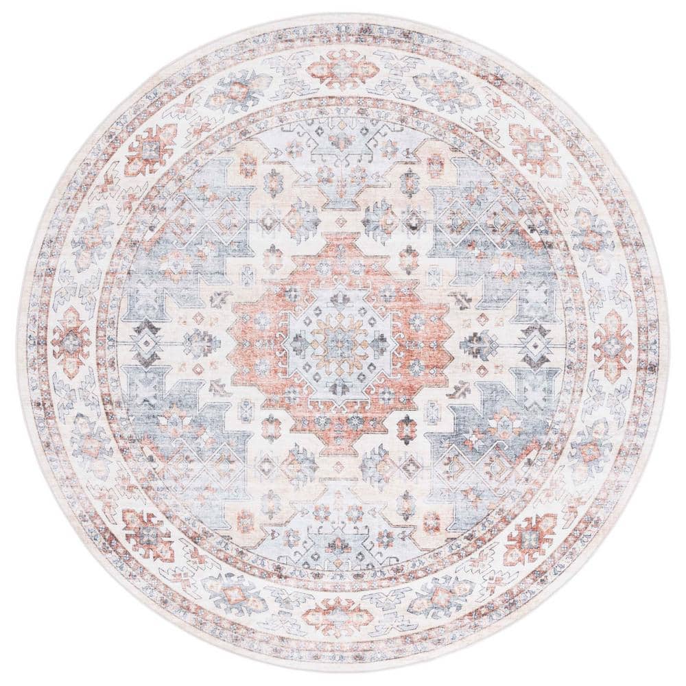 SAFAVIEH Arizona Rust/Light Blue 6 ft. x 6 ft. Distressed Border Ornate Machine Washable Round