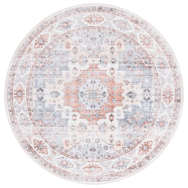 SAFAVIEH Arizona Rust/Light Blue 6 ft. x 6 ft. Distressed Border Ornate Machine Washable Round Area Rug