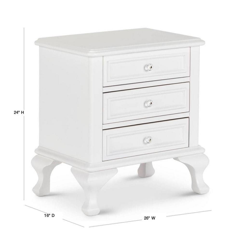 White 3-Drawer Transitional Nightstand with Crystal Knobs