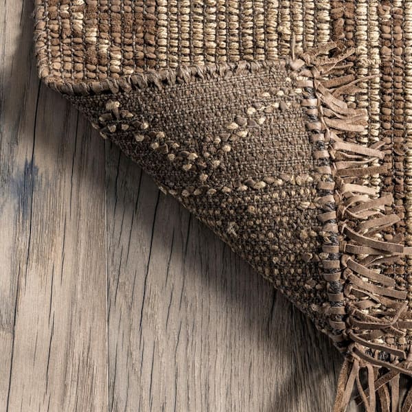 nuLOOM Livy Handmade Jute and Leather Tribal Fringe Natural 8 ft. x 10 ft. Area Rug