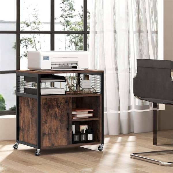 Costway 0-Drawer Brown Engineered Wood 24 in. W Vertical File Cabinet on Wheels with Charging Station
