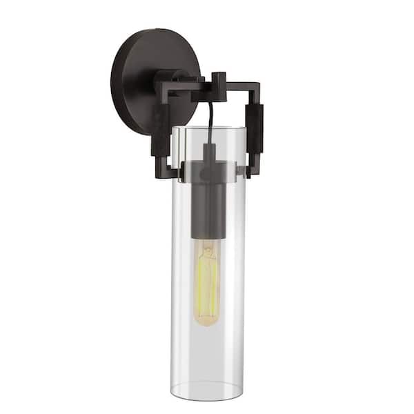 PUYRNF 5.5 in. 1-Light Armed Wall Mounted Sconce Wall Light, Bulbs Included, Wall Sconce with Clear Glass Shade, Black