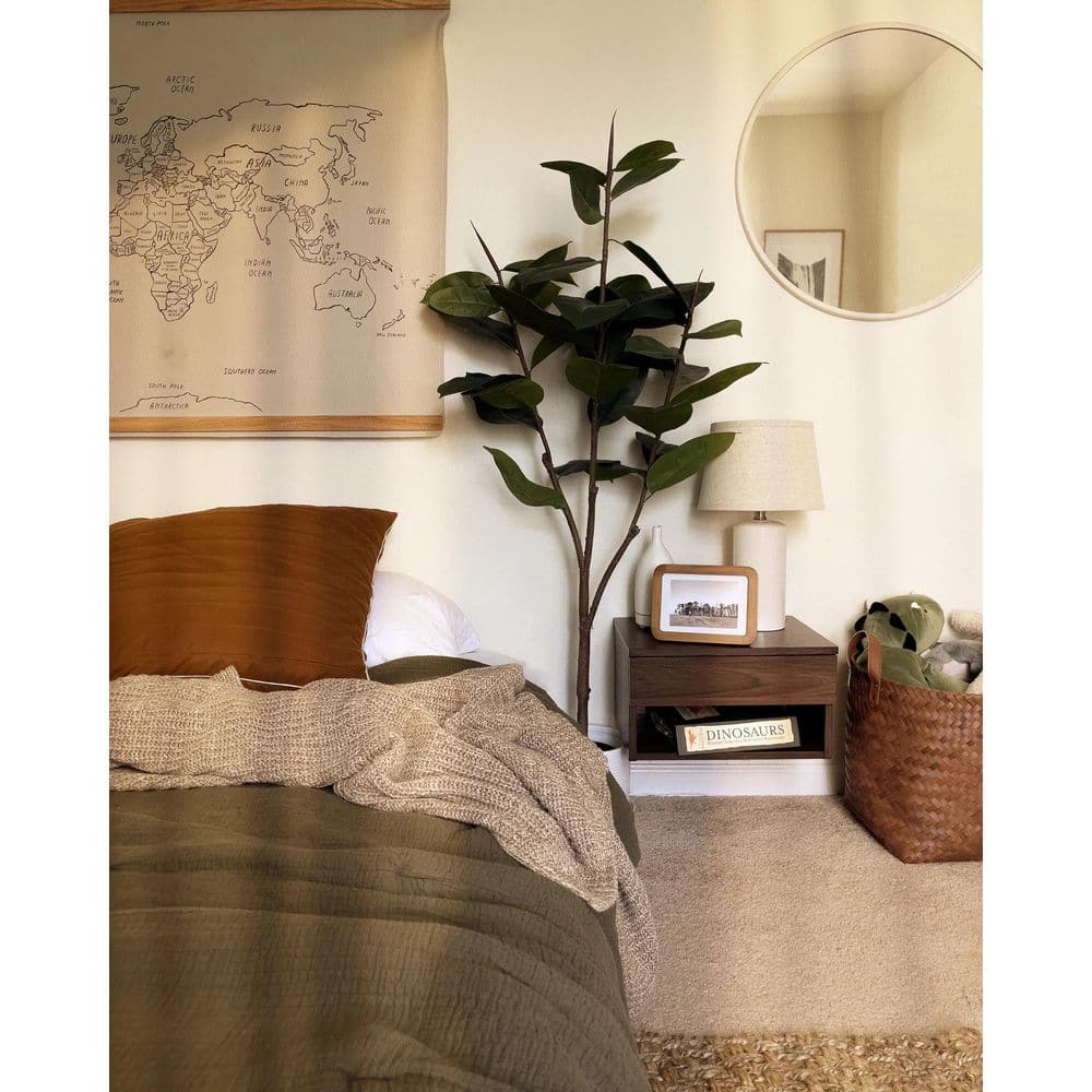 Walnut Floating Nightstand with Drawer and Open Shelf