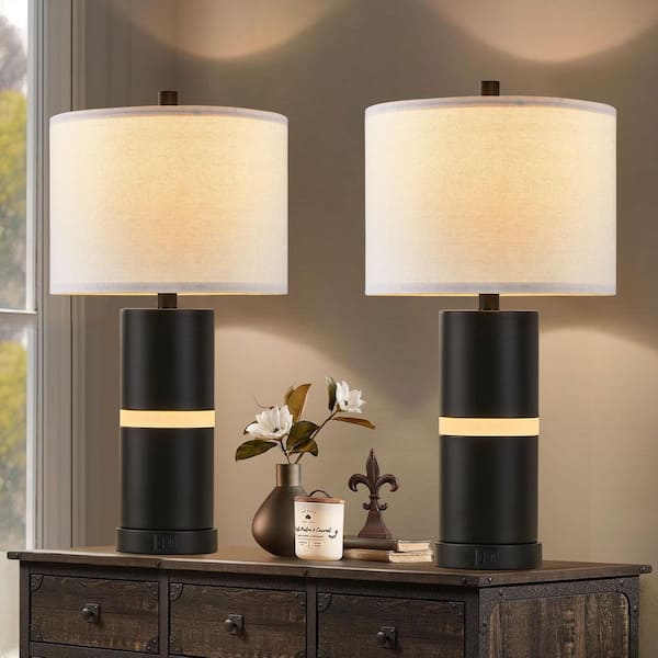 KAWOTI 23.25 in. Black Table Lamp Set with Main Light Bulb, LED Night Light and USB Ports (Set of 2)