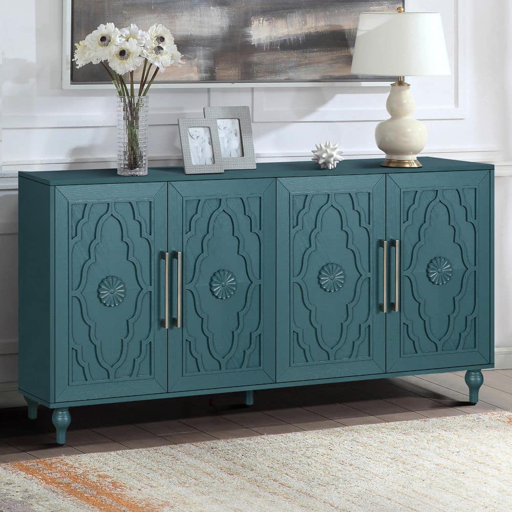 Navy Blue Wood Sideboard Buffet with Carved Flower Doors, Metal Handles, Storage Cabinet with Adjustable Shelves