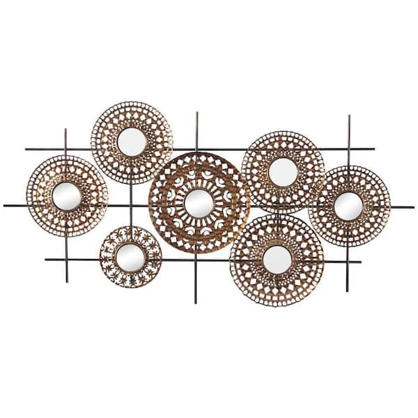 Litton Lane 51 in. x  25 in. Metal Brown Plate Wall Decor with Round Mirrored Accents