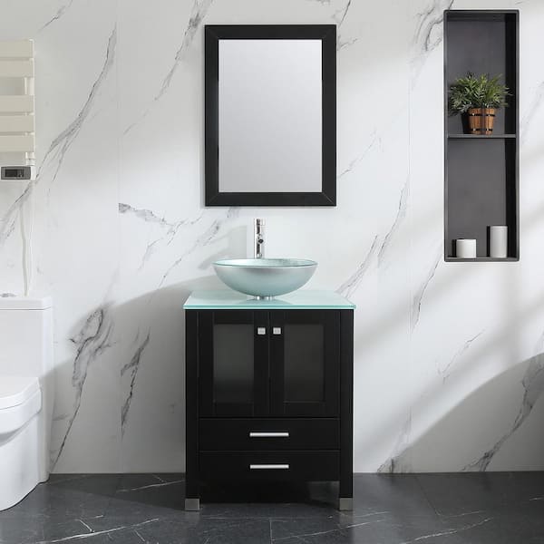 Wonline 24 in. W x 21.7 in. D x 29.5 in. H Single Sink Bath Vanity in Black with Glass Top and Mirror