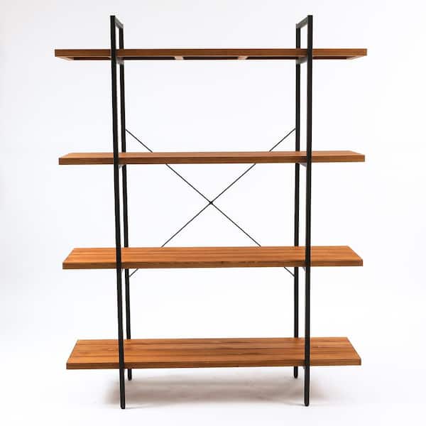 LuxenHome 66.5 in. Brown/Black Metal 4-shelf Etagere Bookcase with Open Back