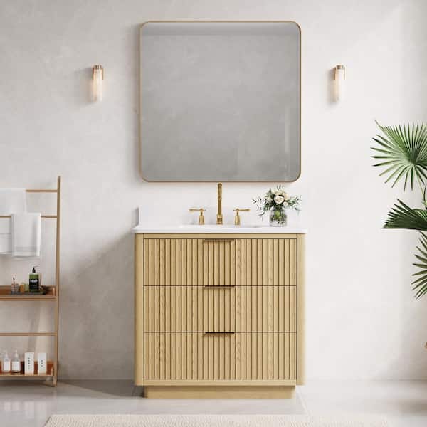 Haven 36 in. W x 22 in. D x 35 in. H Freestanding Solid Wood Bath Vanity in Oak with White Quartz Top