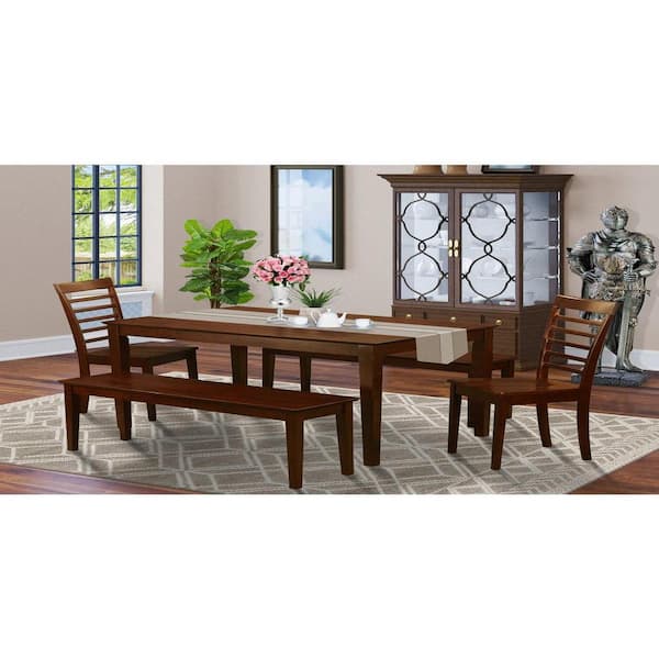 East West Furniture 5-Piece Rectangle Mahogany Finish Solid Wood Top Dining Table with 2 Benches, 2 Chairs with Lattice Back
