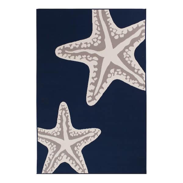 LOOMAKNOTI Sea Star Duo Blue/Ivory 7 ft. 10 in. x 9 ft. 10 in. Nautical Polypropylene Indoor/Outdoor Area Rug