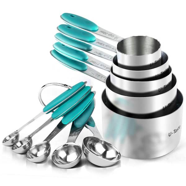 Adrinfly Upgraded 10-Piece Stainless Steel Teal Measuring Cup Set with Dishwasher Safe