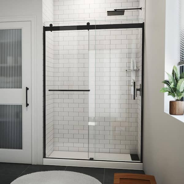 Sapphire-V 54 in. W x 76 in. H Sliding Semi Frameless Bypass Shower Door in Satin Black and Clear Glass