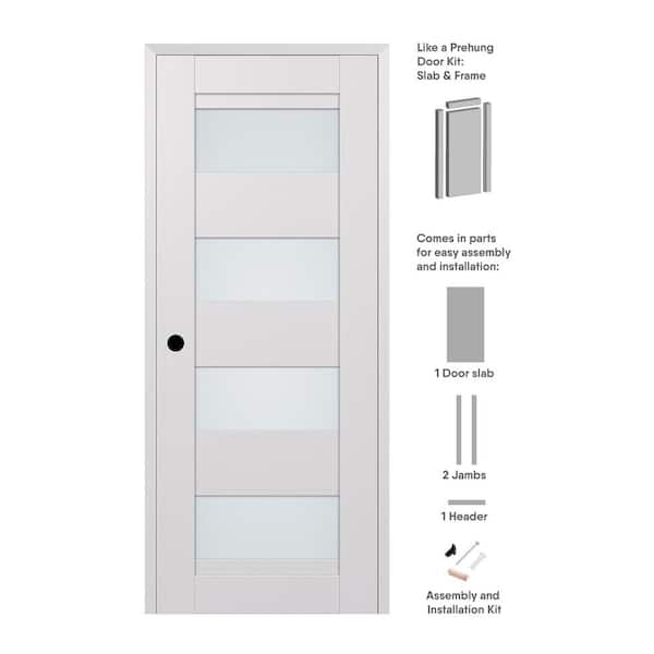 Belldinni Della 30 in. x 80 in. Right-Hand Frosted Glass Solid Core Bianco Noble Wood Composite Single Prehung Interior Door