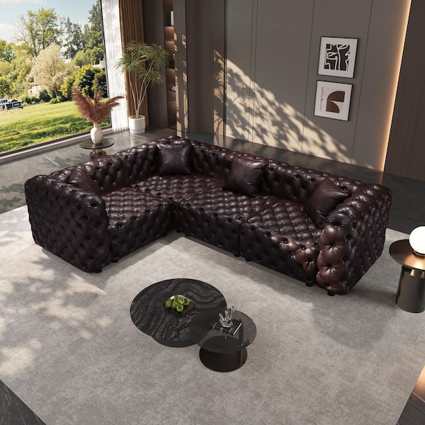 Modern Classic 103.8 in. 4-Piece Faux Leather Tufted Modular L-Shaped Sectional Sofa with 4 Pillows in Dark Brown