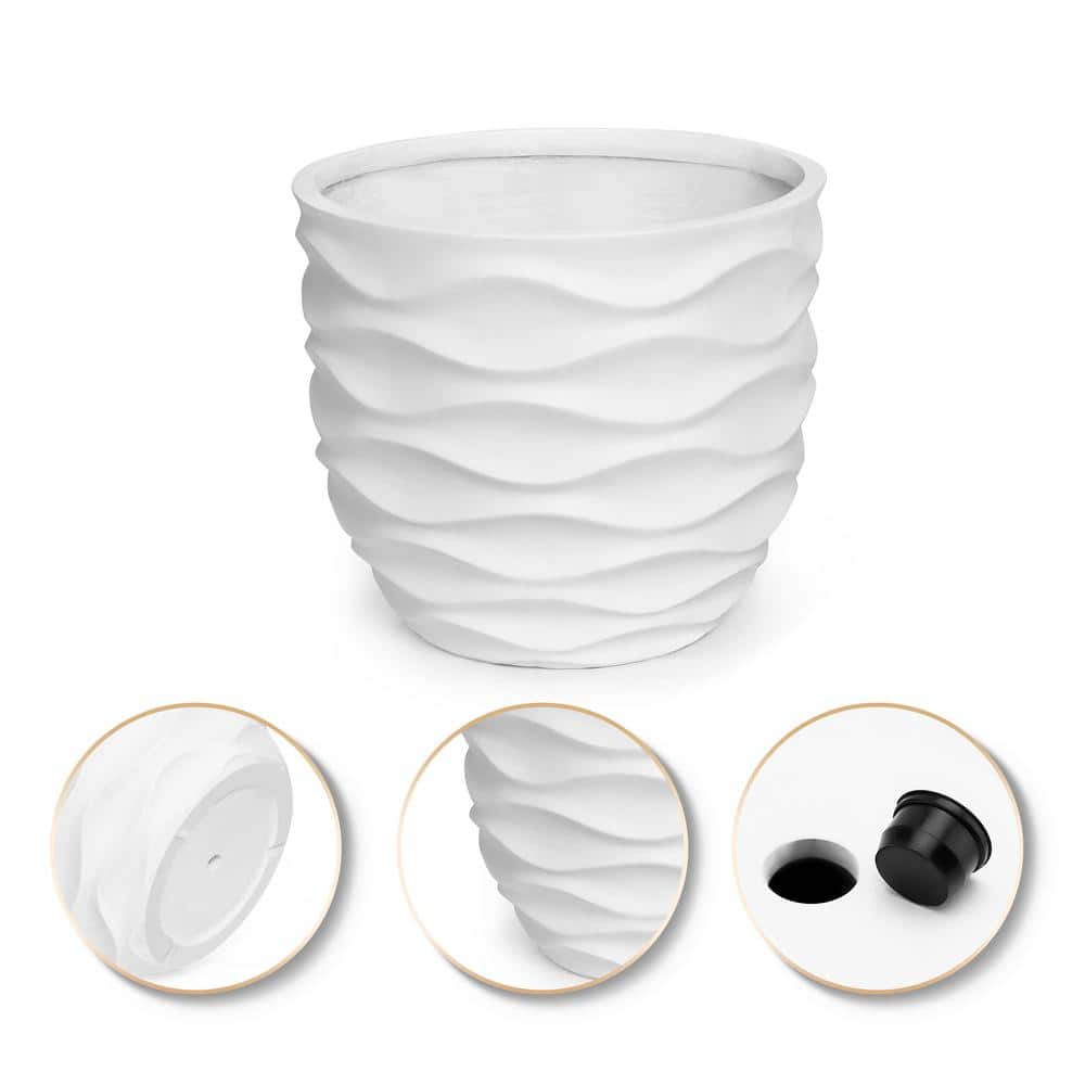White Wavy Magnesium Oxide Round Planter, 16-Inch