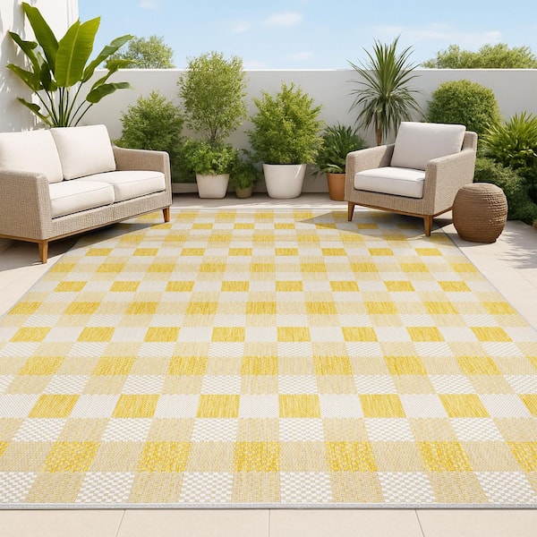 Darcy Traditional Geometric Bold Gingham Yellow/Cream 3 ft. x 5 ft. Indoor/Outdoor Area Rug