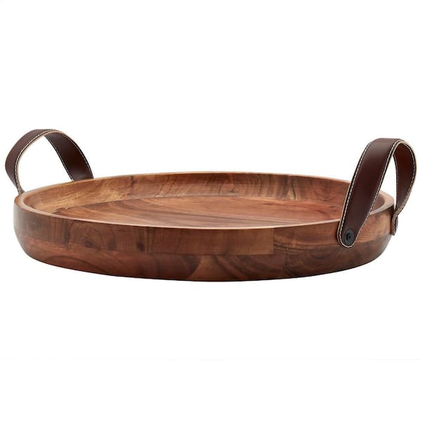 MASON CRAFT & MORE - 19 in. Round Acacia Wood Serving Tray with Faux Leather Handles