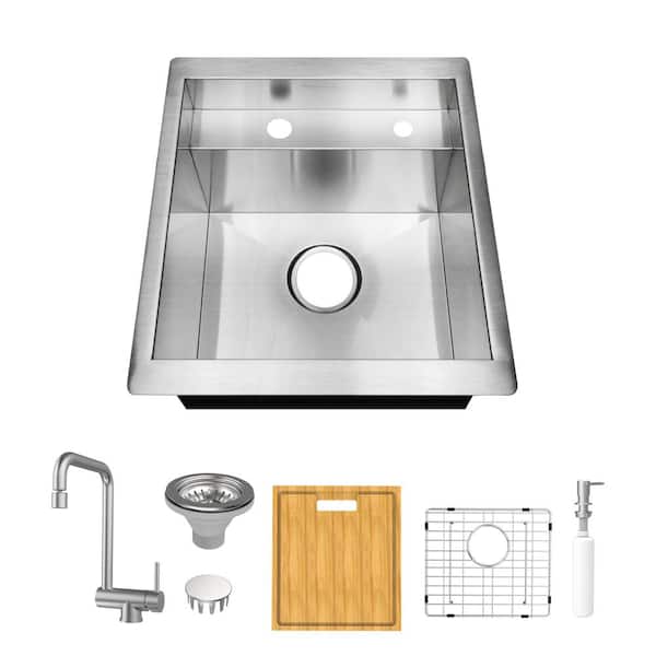 Zero Radius 17 in. Undermount 18G Stainless Steel Single Bowl Workstation Bar Sink with Stainless Steel Faucet
