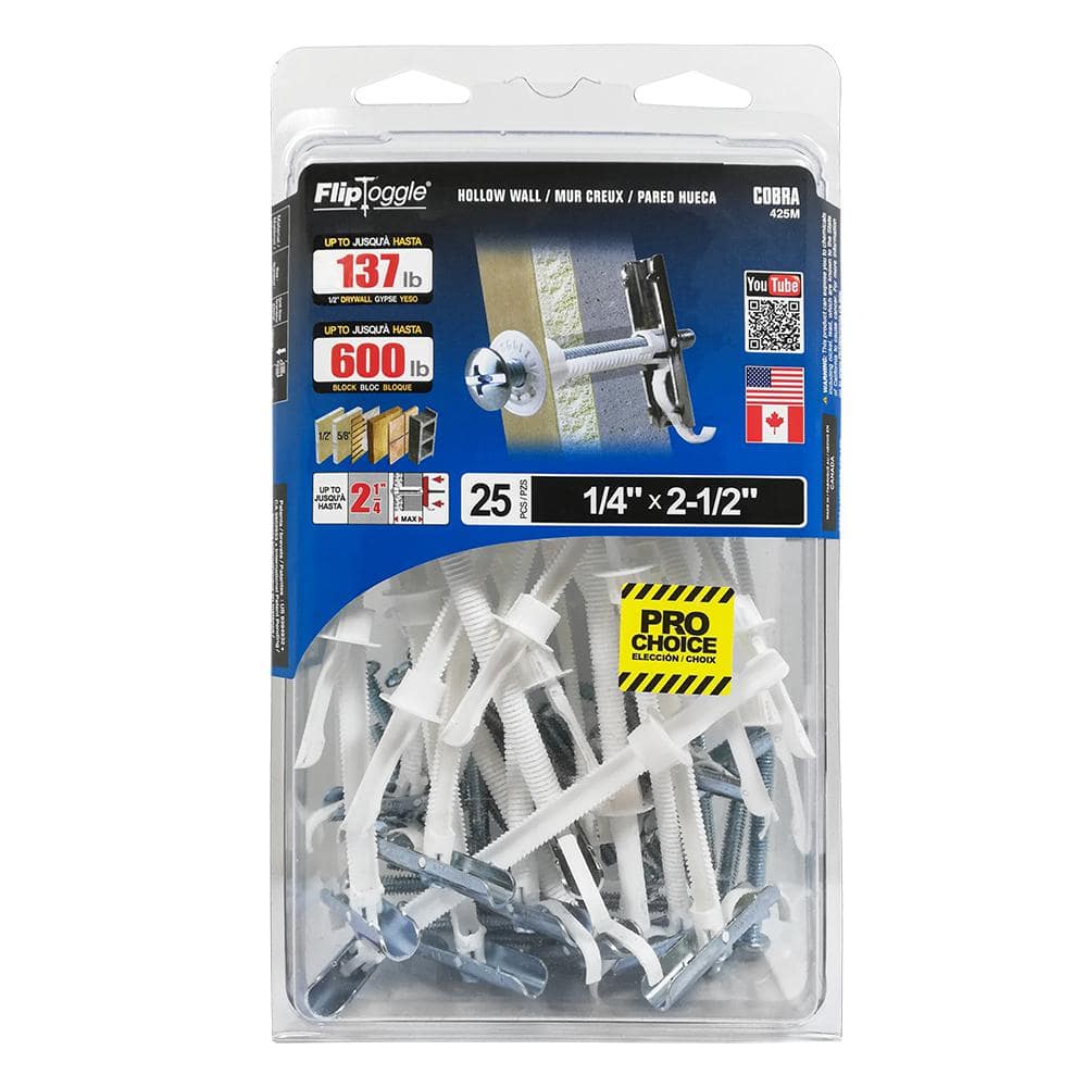 FLIPTOGGLE Fliptoggle 1/4 in. x 2-1/2 in. Plastic with Screw Philips and  Slot Head 209lbs. Toggle Bolt (25-pack) 425M - The Home Depot