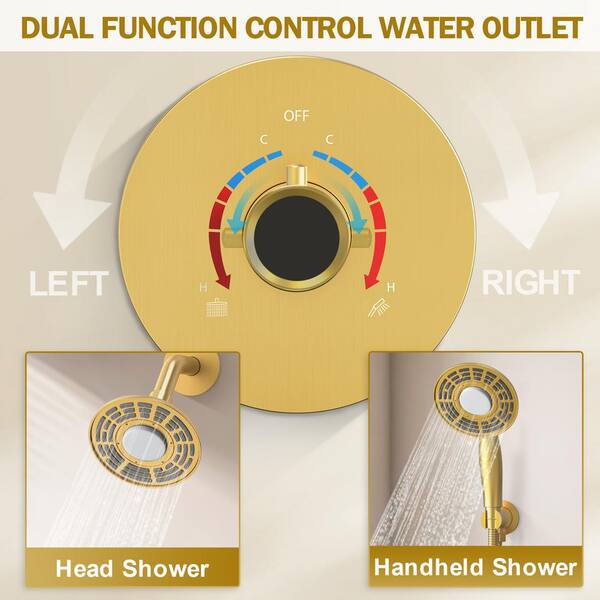 Cranach 2-Spray 5 in. LED 3-Color Dual Shower Head Wall Mount Handheld Shower Head 2.5 GPM in Brushed Gold(Valve Included)