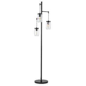 64 in. Black Farmhouse Tree Floor Lamp with 3 Mason Jar Glass Shades