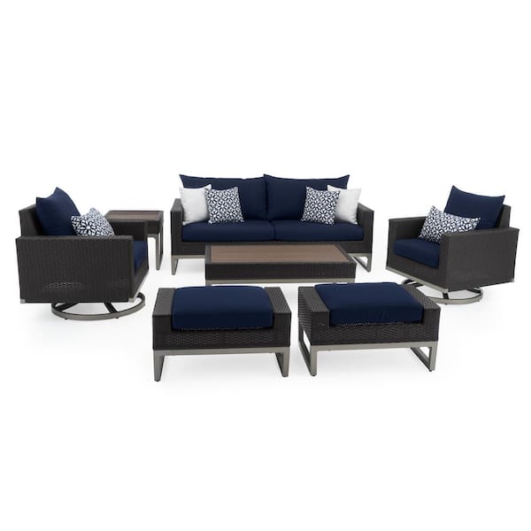 RST BRANDS Milo Espresso 7-Piece Wicker Motion Patio Deep Seating Conversation Set with Sunbrella Navy Blue Cushions