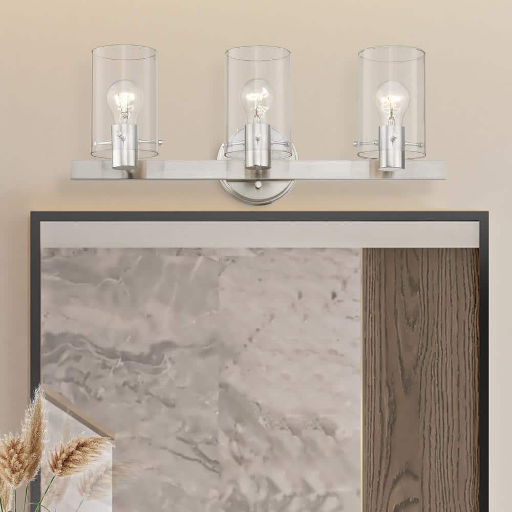 Munich Brushed Nickel 3-Light Vanity with Clear Glass Shades
