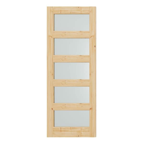32 in. x 80 in. 5 Lite Frosted Glass, Light Brown, Solid Pine Wood, DIY Painted, Assembly Required Interior Door Slab