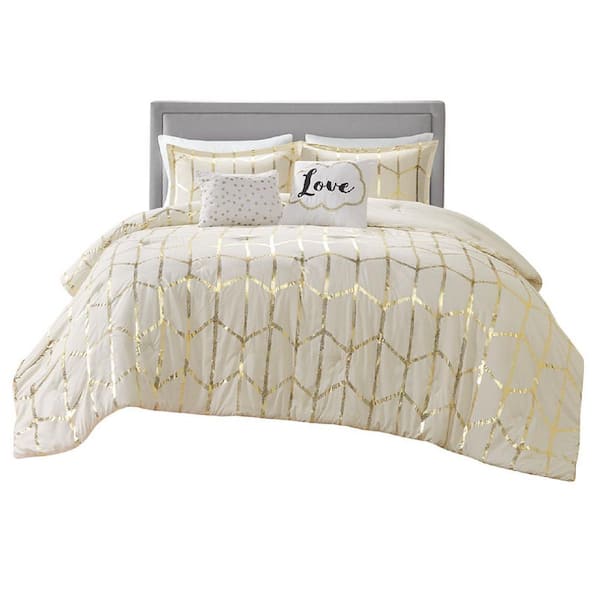 Afoxsos Gold Metallic Twin/XL Size Polyester Printed Comforter Set 1 Comforter, 2 Shams, 1 Square and 1 Oblong Pillowcase