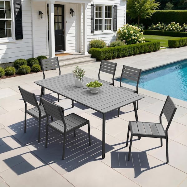 gray patio dining sets with table umbrella hole Pamapic Outdoor for 6, Rectangular Steel Slat 6 Textilene Chairs, 7 Piece Table and Chairs Set with for Patio, Backyard, Poolside (Grey, No Umbrella) Design details like strong anti All-weather Outdoor Poly 36.8" x