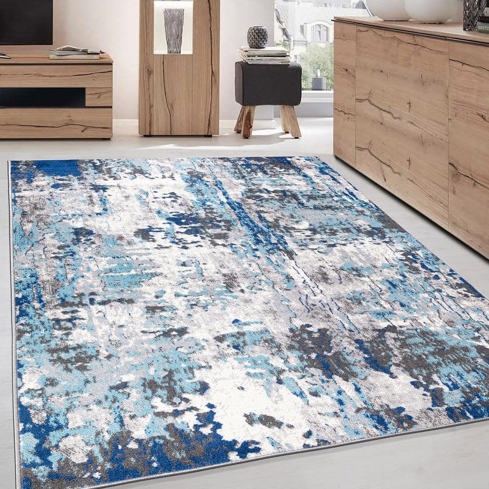 Blue and Gray Abstract Synthetic 5' x 7' Area Rug