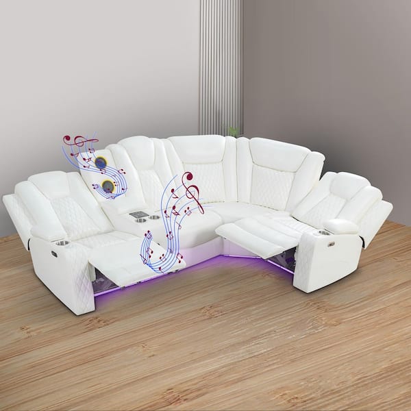 HOMESTOCK 110.63 in. Theater-Style Air Leather Reclining Sectional Sofa with Adjustable Headrests-5-Seater in White