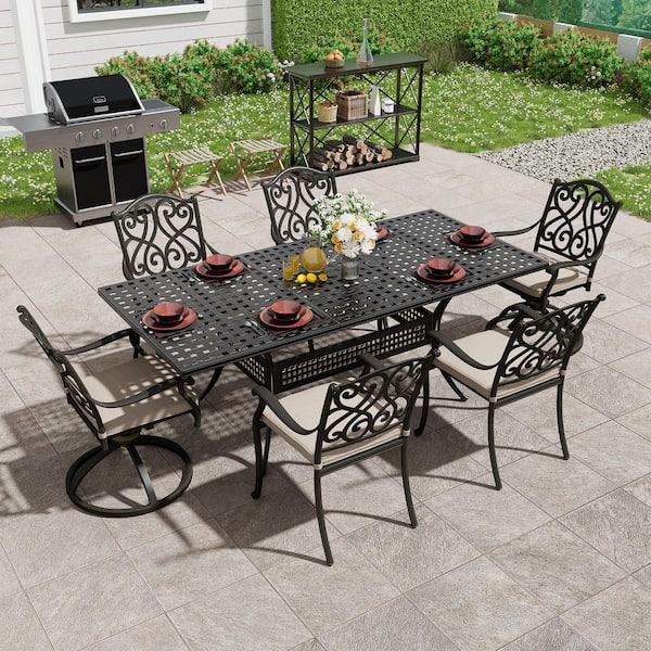 Mondawe 7-Piece Black Cast Aluminum Outdoor Dining Set with Extendable Rectangular Table, Dining Chairs with Beige Cushions
