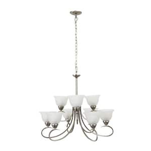 9-Light Satin Nickel Chandelier with White Glass Shade