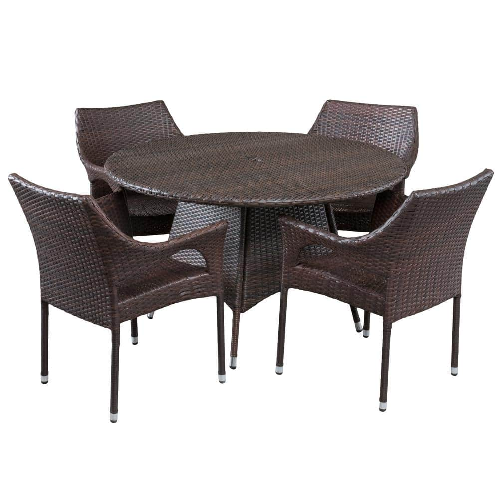 Armstrong Multi-Brown 5-Piece Faux Rattan Patio Outdoor Dining Set -  Noble House, 6176