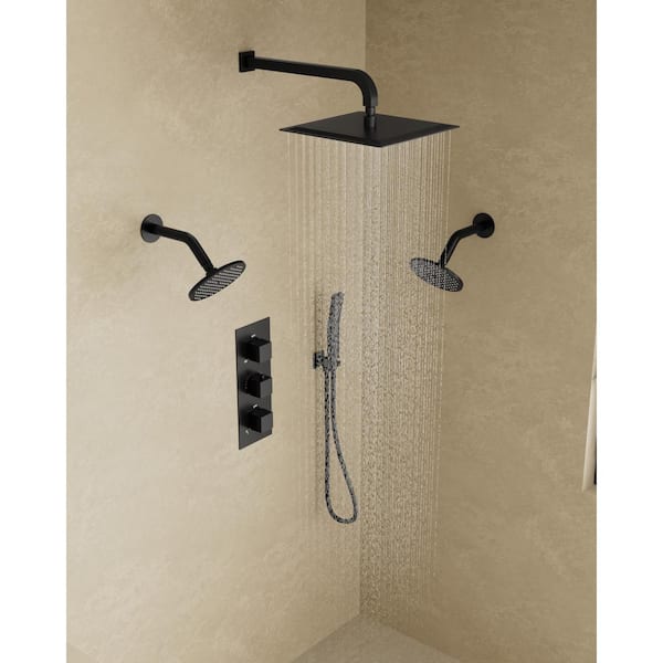 Thermostatic Valve 8-Spray 12 x 6 x 6 in. Wall Mount Dual Shower Head and Handheld Shower in Matte Black