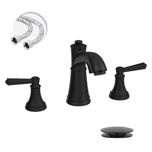 Waterfall 8 in. Widespread Double-Handle Black Bathroom Faucet Set 3-Holes Vanity Sink with Metal Drain in Matte Black