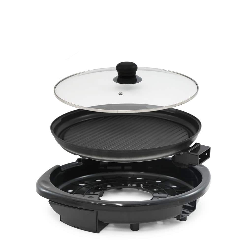 Elite Black Round Aluminum Indoor Electric Grill with Glass Lid